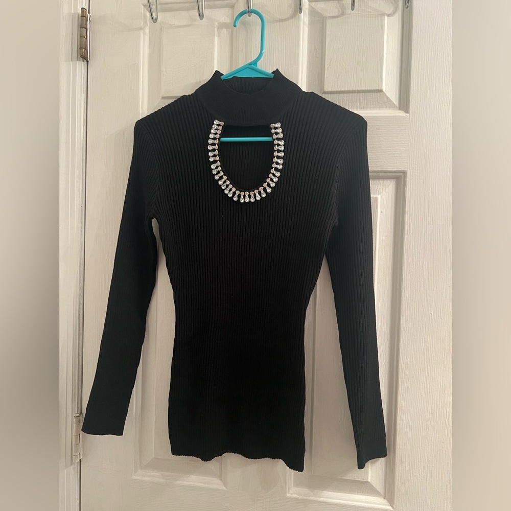 Size small black diamond gem bedazzled cutout neckline ribbed longsleeve sweater